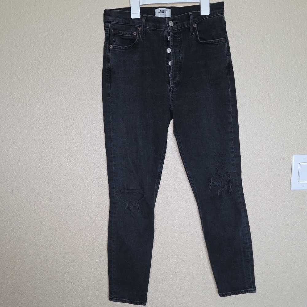 Agolde Jeans Womens Nico Distressed Button Fly Pants High Rise Black